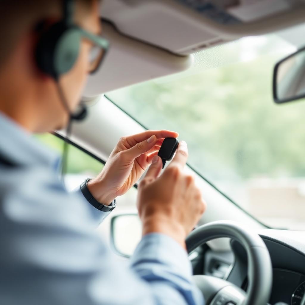 Technician installing a GPS tracking device in a vehicle